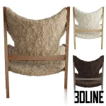 Detailed 3D model set of the Ib Kofod Larsen lounge chair, featuring a wood A-frame and a removable fuzzy sheepskin canvas seat in white, beige, and brown color options.