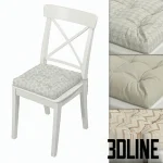 High-resolution 3D model of a white IKEA Ingolf dining chair with a tufted cushion, shown with three geometric fabric patterns.