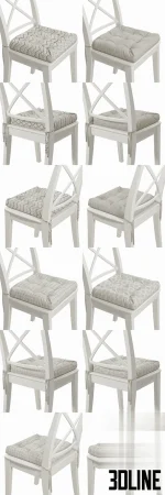 High-resolution 3D model of a white IKEA Ingolf dining chair with a tufted cushion, shown with three geometric fabric patterns.