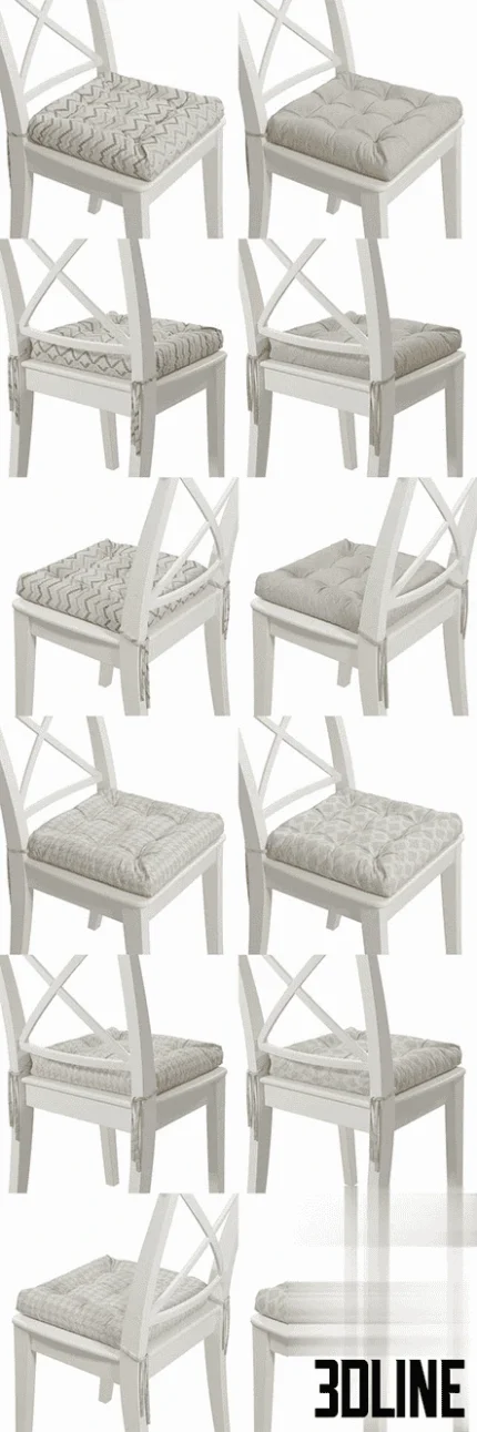 High-resolution 3D model of a white IKEA Ingolf dining chair with a tufted cushion, shown with three geometric fabric patterns.