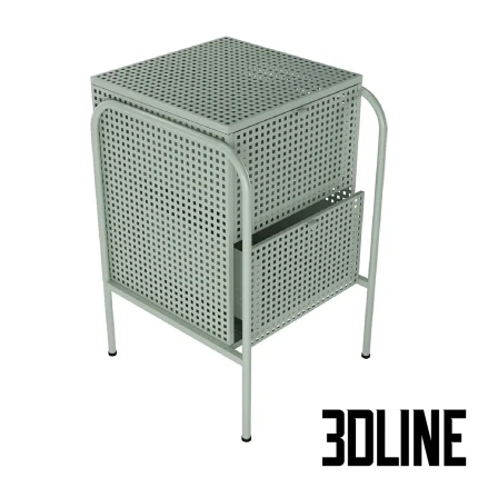3D model of the IKEA Nikkeby chest of drawers (2-drawer version), featuring a boxy industrial design made of grey-green perforated metal mesh with curved tubular legs.