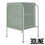 3D model of the IKEA Nikkeby chest of drawers (2-drawer version), featuring a boxy industrial design made of grey-green perforated metal mesh with curved tubular legs.