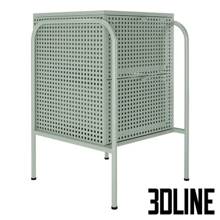 3D model of the IKEA Nikkeby chest of drawers (2-drawer version), featuring a boxy industrial design made of grey-green perforated metal mesh with curved tubular legs.