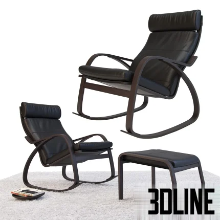 3D model set of the iconic IKEA Poäng chair, featuring a dark brown bentwood frame and black leather cushions, shown in both standard armchair and rocking chair variations with a matching footstool.