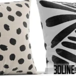 3D model set of four IKEA-style decorative throw pillows featuring black dots, abstract leaves, and arch patterns in white, black, and rust red colors.
