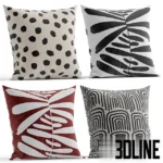 3D model set of four IKEA-style decorative throw pillows featuring black dots, abstract leaves, and arch patterns in white, black, and rust red colors.