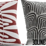 3D model set of four IKEA-style decorative throw pillows featuring black dots, abstract leaves, and arch patterns in white, black, and rust red colors.