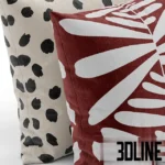 3D model set of four IKEA-style decorative throw pillows featuring black dots, abstract leaves, and arch patterns in white, black, and rust red colors.