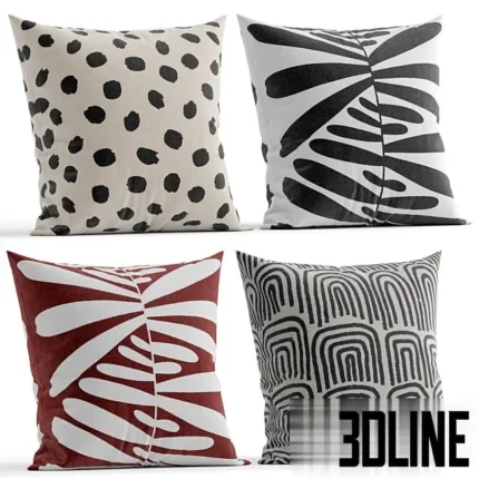 3D model set of four IKEA-style decorative throw pillows featuring black dots, abstract leaves, and arch patterns in white, black, and rust red colors.