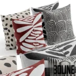 3D model set of four IKEA-style decorative throw pillows featuring black dots, abstract leaves, and arch patterns in white, black, and rust red colors.