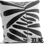 3D model set of four IKEA-style decorative throw pillows featuring black dots, abstract leaves, and arch patterns in white, black, and rust red colors.