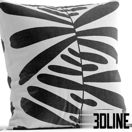 3D model set of four IKEA-style decorative throw pillows featuring black dots, abstract leaves, and arch patterns in white, black, and rust red colors.