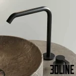 High-resolution 3D model of the Inbani Grate Vanity Unit Set 10, featuring a round, slatted wood cabinet, a large backlit mirror, and a round stone basin with a matte black faucet.