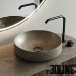 High-resolution 3D model of the Inbani Grate Vanity Unit Set 10, featuring a round, slatted wood cabinet, a large backlit mirror, and a round stone basin with a matte black faucet.