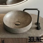 High-resolution 3D model of the Inbani Grate Vanity Unit Set 10, featuring a round, slatted wood cabinet, a large backlit mirror, and a round stone basin with a matte black faucet.