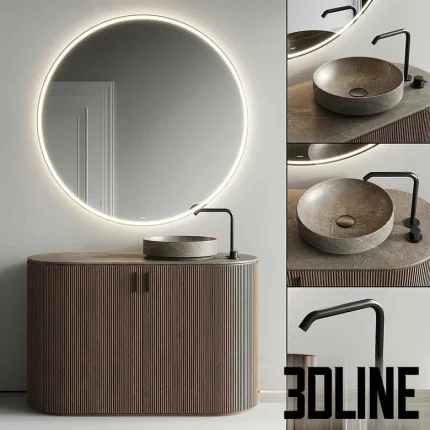 High-resolution 3D model of the Inbani Grate Vanity Unit Set 10, featuring a round, slatted wood cabinet, a large backlit mirror, and a round stone basin with a matte black faucet.
