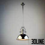 3D model of a classic industrial-style dome pendant lamp in polished nickel finish, suspended from a metal rod with detailed fittings.