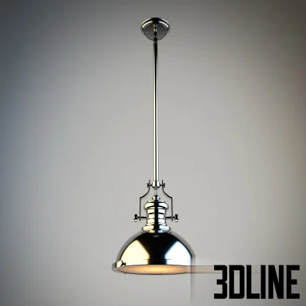 3D model of a classic industrial-style dome pendant lamp in polished nickel finish, suspended from a metal rod with detailed fittings.