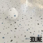 3D visualization of Italgraniti Nuances terrazzo tiles, showcasing two color variations (grey and beige) with a playful mix of colorful stone chips in blue, rust, and white.