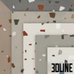 3D visualization of Italgraniti Nuances terrazzo tiles, showcasing two color variations (grey and beige) with a playful mix of colorful stone chips in blue, rust, and white.