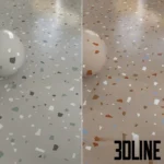 3D visualization of Italgraniti Nuances terrazzo tiles, showcasing two color variations (grey and beige) with a playful mix of colorful stone chips in blue, rust, and white.
