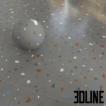 3D visualization of Italgraniti Nuances terrazzo tiles, showcasing two color variations (grey and beige) with a playful mix of colorful stone chips in blue, rust, and white.