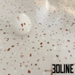 3D visualization of Italgraniti Nuances terrazzo tiles, showcasing two color variations (grey and beige) with a playful mix of colorful stone chips in blue, rust, and white.