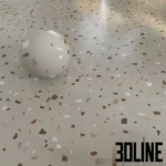3D visualization of Italgraniti Nuances terrazzo tiles, showcasing two color variations (grey and beige) with a playful mix of colorful stone chips in blue, rust, and white.
