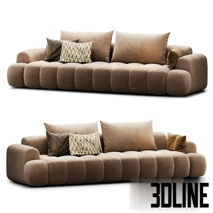 Detailed 3D model of an Italian minimalist modular sofa, featuring voluminous bottom cushions divided into a square grid, upholstered in light brown velvet fabric.