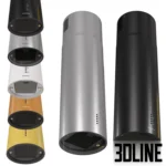3D model set of Jangeor Ge Equiliber Eco cylindrical range hoods in five color variations (black, silver, white, copper, gold), featuring a sleek tubular design and integrated lighting.