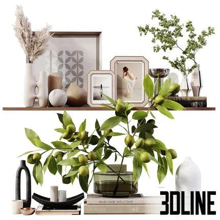 3D model of a Japandi-style decorative shelf set featuring white ceramic vases with olive branches, framed minimalist art, and stacked design books like "Kinfolk" and "Wabi-Sabi".