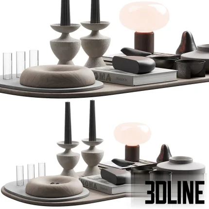 3D model of a Japandi-style decorative set featuring sculptural ceramic candle holders, a mushroom lamp, organic wood bowls, art books, and abstract stone objects.