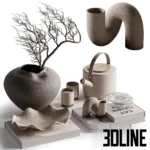 3D model of a Japandi-style decorative set featuring organic beige ceramic vases, a teapot, dried branches, and art books arranged on a shelf.