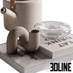 3D model of a Japandi-style decorative set featuring organic beige ceramic vases, a teapot, dried branches, and art books arranged on a shelf.
