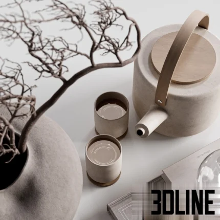 3D model of a Japandi-style decorative set featuring organic beige ceramic vases, a teapot, dried branches, and art books arranged on a shelf.