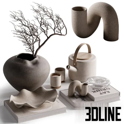 3D model of a Japandi-style decorative set featuring organic beige ceramic vases, a teapot, dried branches, and art books arranged on a shelf.
