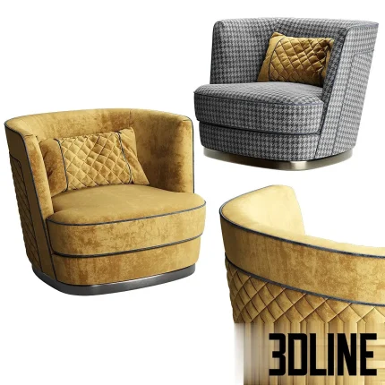 3D model set of the Jazz Furman armchair in two colorways: one in yellow quilted velvet, and one in grey houndstooth fabric, both featuring a curved, contemporary form.