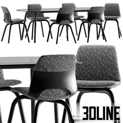 Detailed 3D model of the Jiu Jo Living dining set, including six chairs with black frames and spotted fabric seats, surrounding a large oval black glass table.
