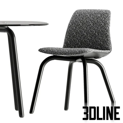 Detailed 3D model of the Jiu Jo Living dining set, including six chairs with black frames and spotted fabric seats, surrounding a large oval black glass table.