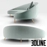 High-resolution 3D model of the Jonathan Adler Ether Curved Sofa in light mint/blue velvet fabric with a dramatic asymmetrical shape and thin tapered brass legs.