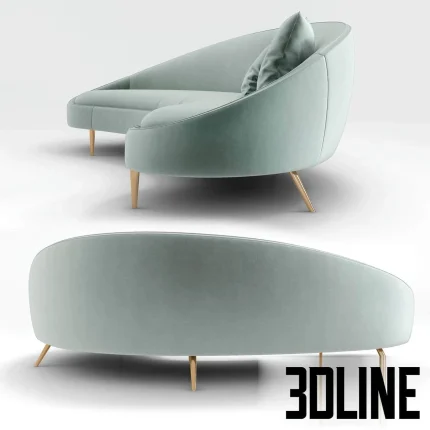 High-resolution 3D model of the Jonathan Adler Ether Curved Sofa in light mint/blue velvet fabric with a dramatic asymmetrical shape and thin tapered brass legs.