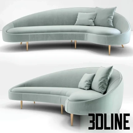 High-resolution 3D model of the Jonathan Adler Ether Curved Sofa in light mint/blue velvet fabric with a dramatic asymmetrical shape and thin tapered brass legs.