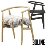 3D model set of the Joybird Rayne dining chair in two variations: one in natural wood with a grey faux fur cushion, and one in black wood with a woven rope seat.