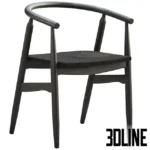 3D model set of the Joybird Rayne dining chair in two variations: one in natural wood with a grey faux fur cushion, and one in black wood with a woven rope seat.