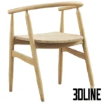 3D model set of the Joybird Rayne dining chair in two variations: one in natural wood with a grey faux fur cushion, and one in black wood with a woven rope seat.