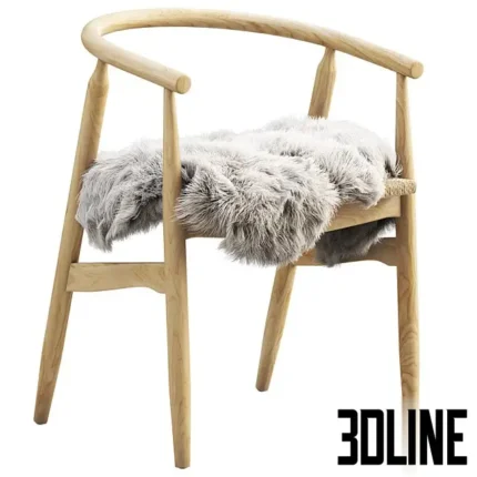 3D model set of the Joybird Rayne dining chair in two variations: one in natural wood with a grey faux fur cushion, and one in black wood with a woven rope seat.