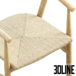 3D model set of the Joybird Rayne dining chair in two variations: one in natural wood with a grey faux fur cushion, and one in black wood with a woven rope seat.