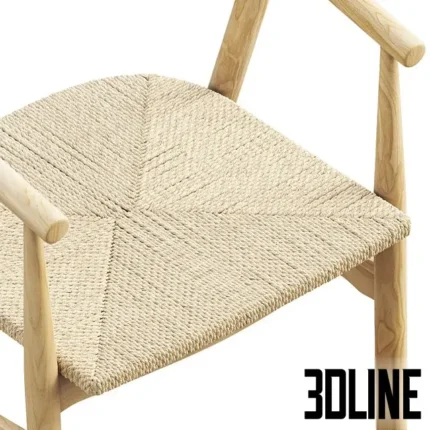 3D model set of the Joybird Rayne dining chair in two variations: one in natural wood with a grey faux fur cushion, and one in black wood with a woven rope seat.