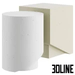 3D model of the KAI side table featuring a geometric composition of an intersecting cylinder and cube, rendered in a textured off-white concrete or plaster finish.