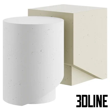 3D model of the KAI side table featuring a geometric composition of an intersecting cylinder and cube, rendered in a textured off-white concrete or plaster finish.